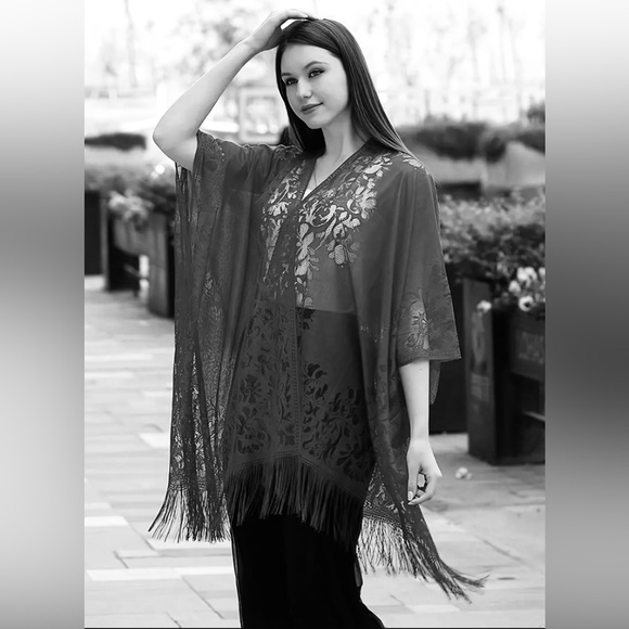 New Shawl Solid Black Tassel Embroidered Sheer Kimono Festival Beach Cover Up - Picture 7 of 13